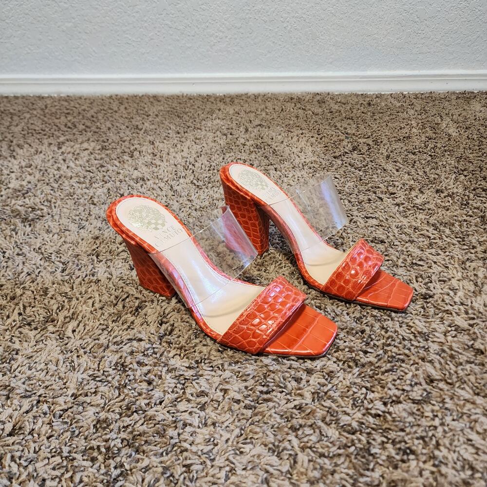 Vince Camuto Felima Croc Embossed Block Heel Sandals Orange Clear 6.5 NWT